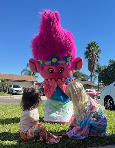 Poppy Trolls mascot character at birthday party in Seattle
