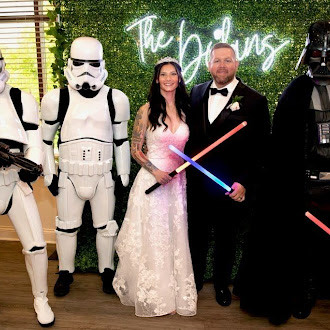 Stormtrooper Star Wars character at a children's birthday party with kids